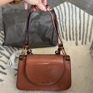 Charles & Keith Brown Croc-Embossed Crossbody Bag